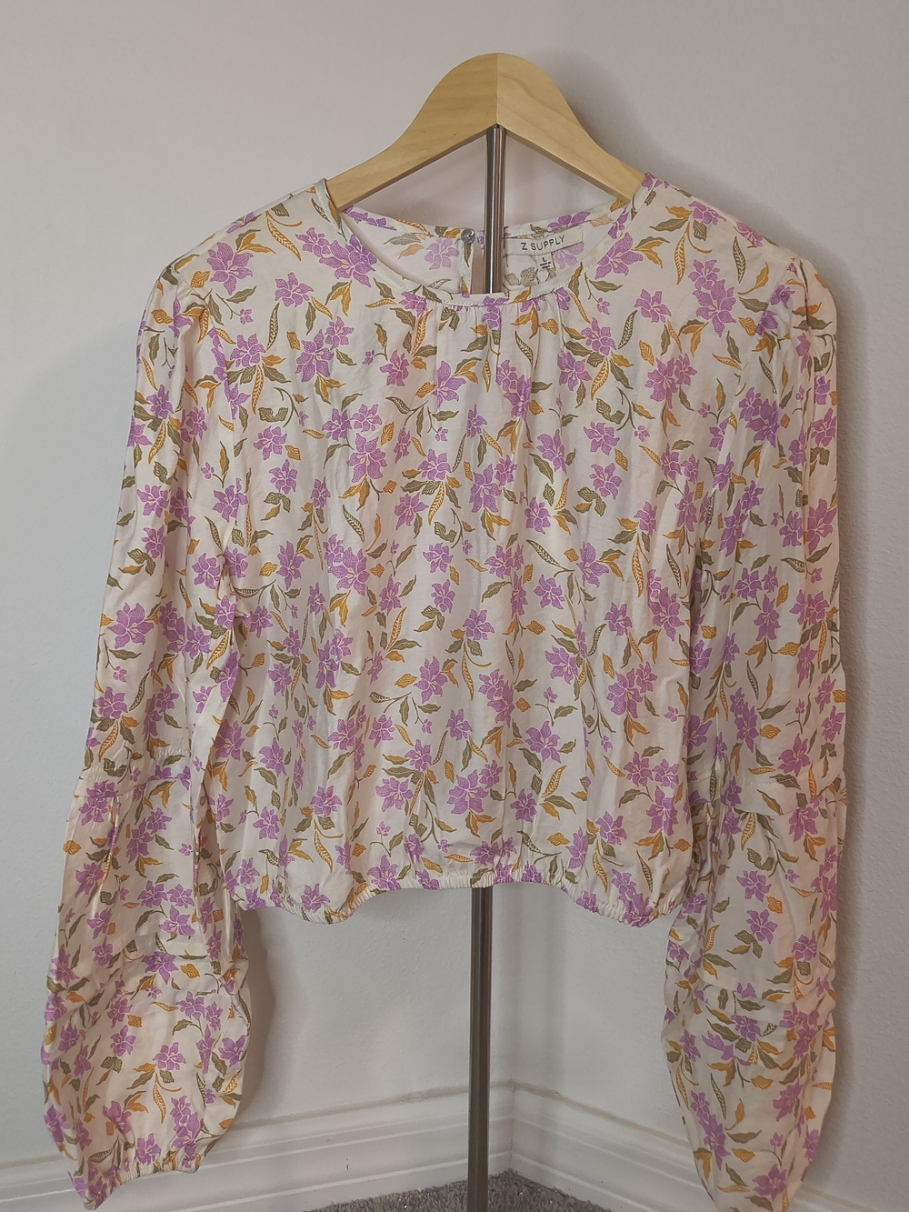 Z Supply Cream Floral Long Sleeve Blouse with Pink Accents